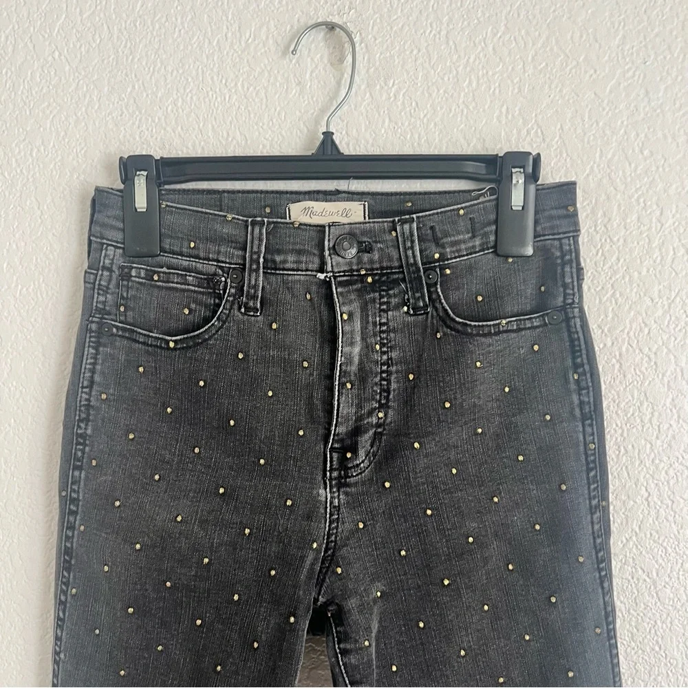 Madewell 26 Waist Black Skinny Jeans with Gold Embroidered Polka Dots 10” Rise